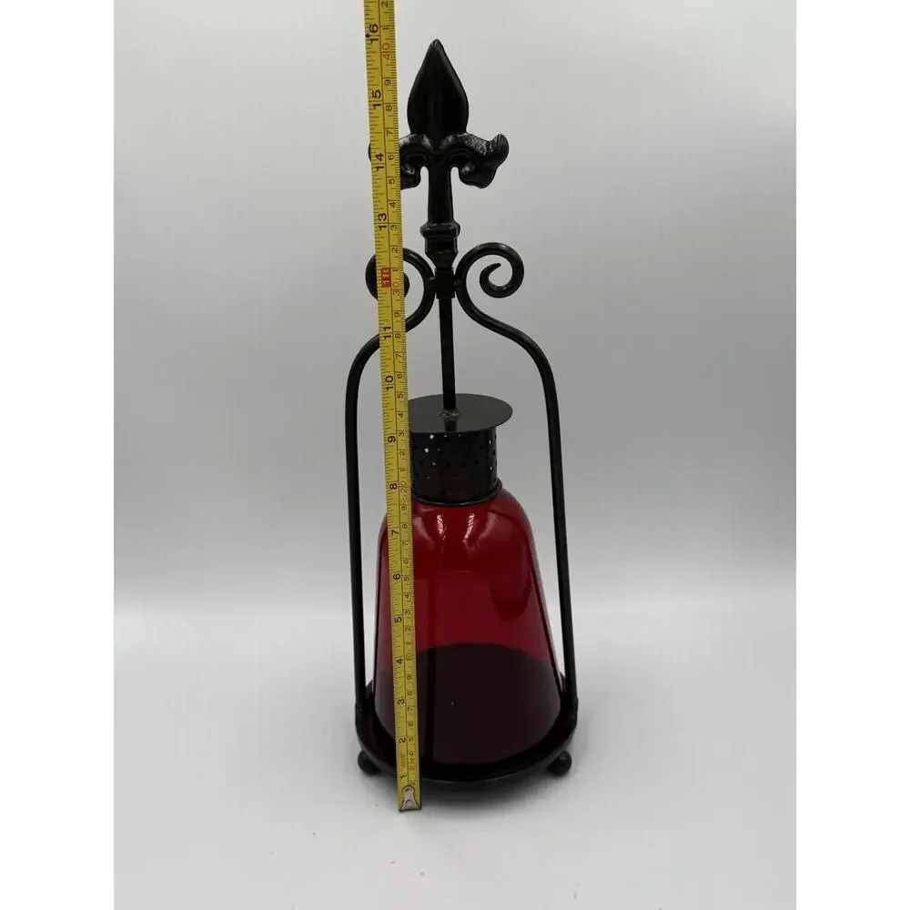 VTG Red GLASS METAL STAND Chimney Candle Hurricane Holder Lantern 17